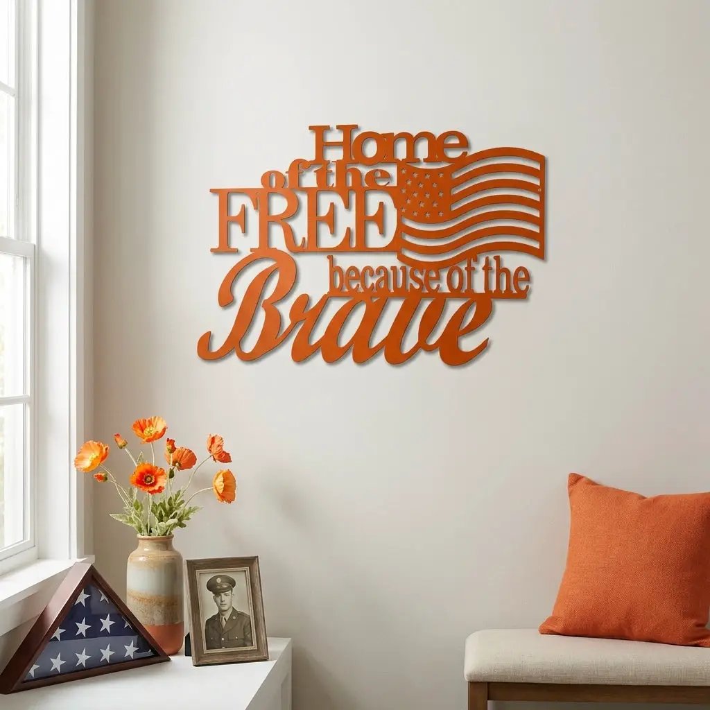 Home of the Free Because of the Brave Metal Wall Art – Patriotic American Flag Sign – Handmade Steel Indoor/Outdoor Décor