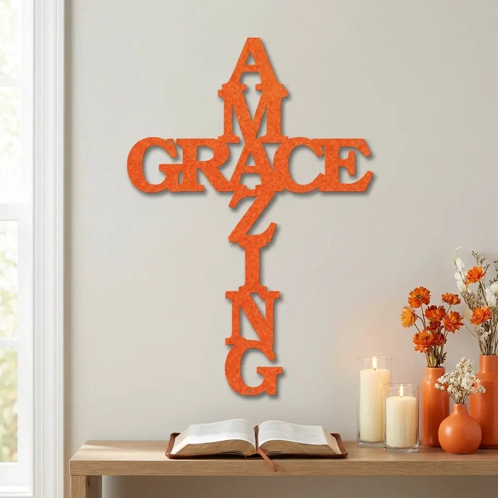 Amazing Grace Cross Steel Wall Art – Christian Metal Cross Sign – Inspirational Faith Decor – Laser Cut Religious Wall Art