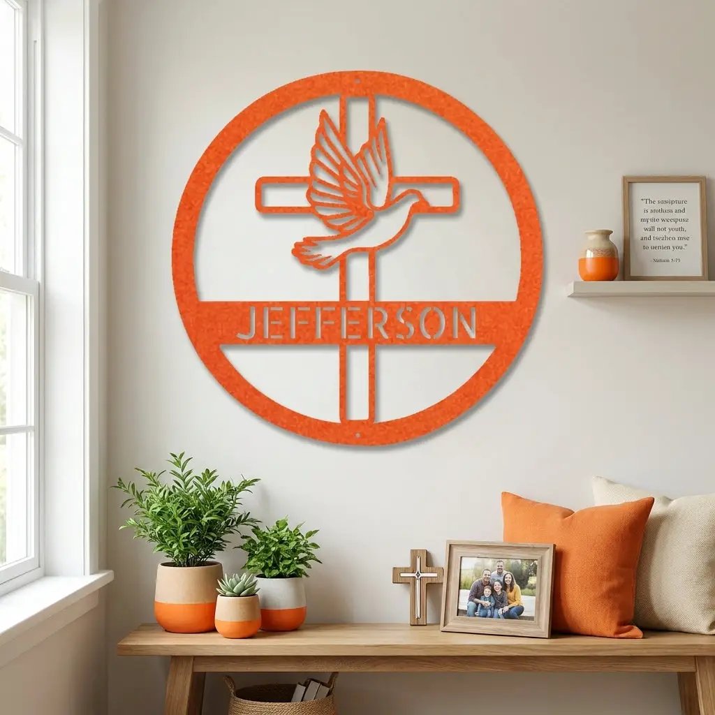 Personalized Cross & Dove Metal Wall Art – Custom Family Name Christian Steel Sign – Faith Based Farmhouse Wall Decor