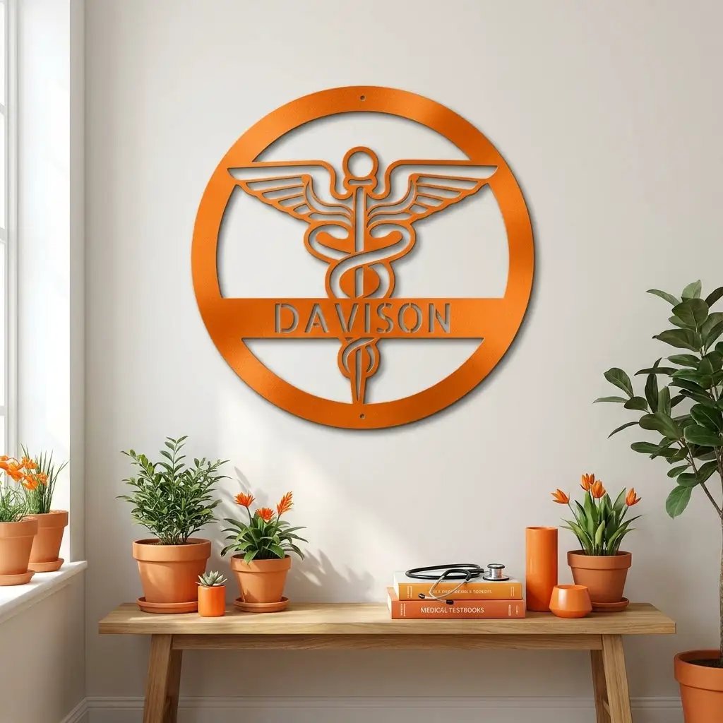 Personalized Medical Symbol Metal Wall Art – Custom Caduceus Steel Sign – Doctor Nurse Healthcare Professional Gift Decor