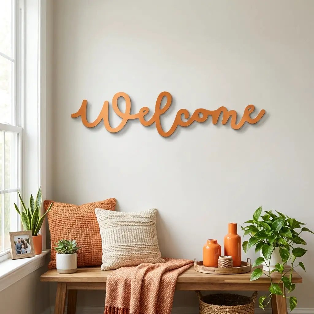 Welcome Script Metal Wall Art – Modern Farmhouse Welcome Sign – Minimalist Entryway Steel Decor for Porch, Foyer & Living Room
