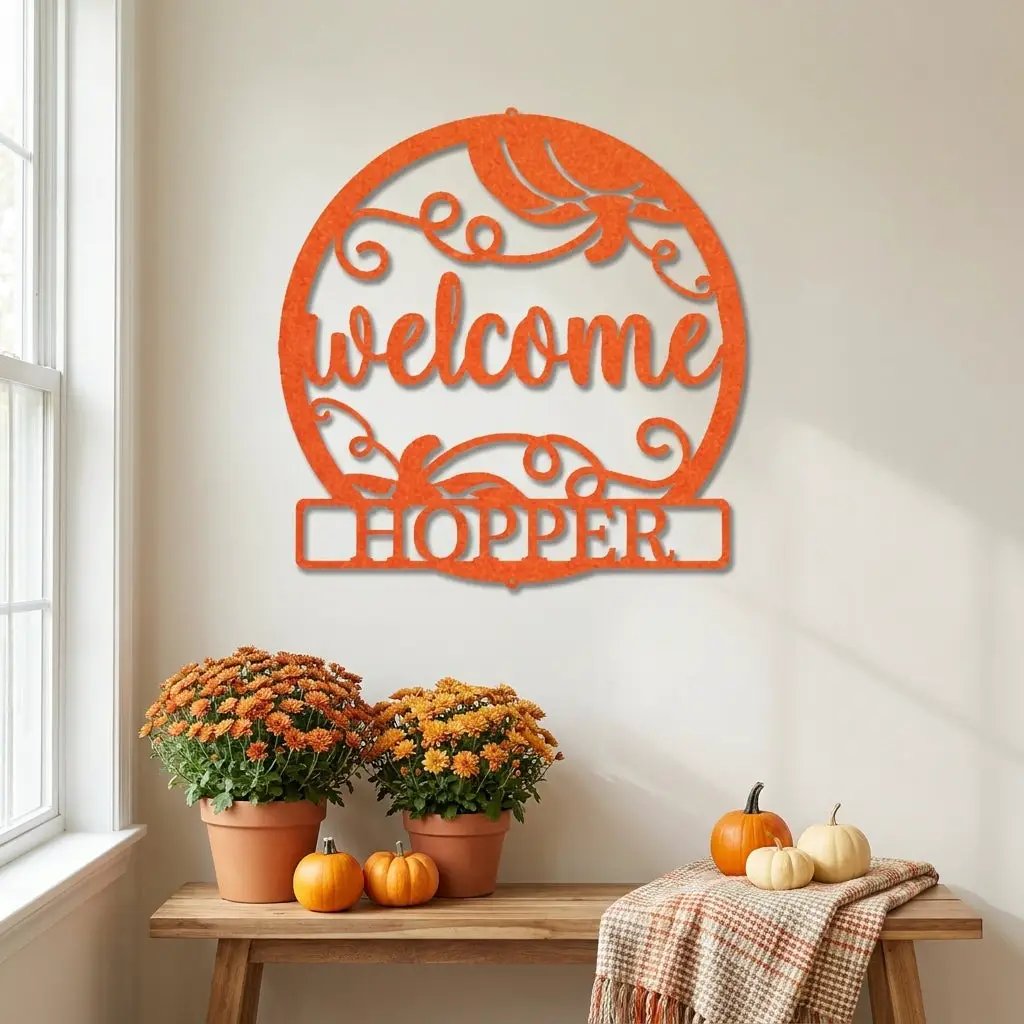 Personalized Pumpkin Metal Wall Art – Welcome Fall Sign with Family Name – Rustic Autumn Decor – Custom Front Door Pumpkin Sign – Farmhouse Fall Decor