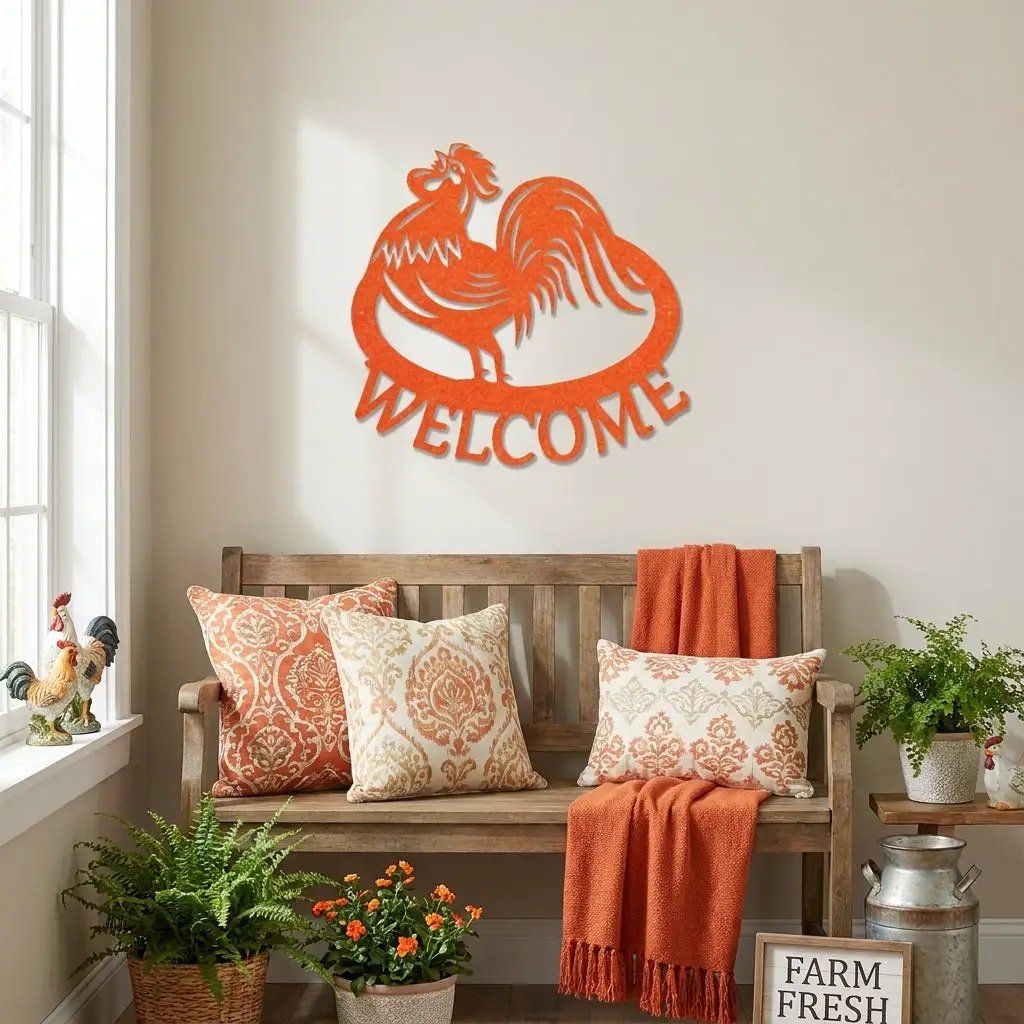 Welcome Rooster Metal Wall Art – Farmhouse Chicken Decor – Rustic Kitchen Wall Sign – Country Home Decor – Farmhouse Porch Sign