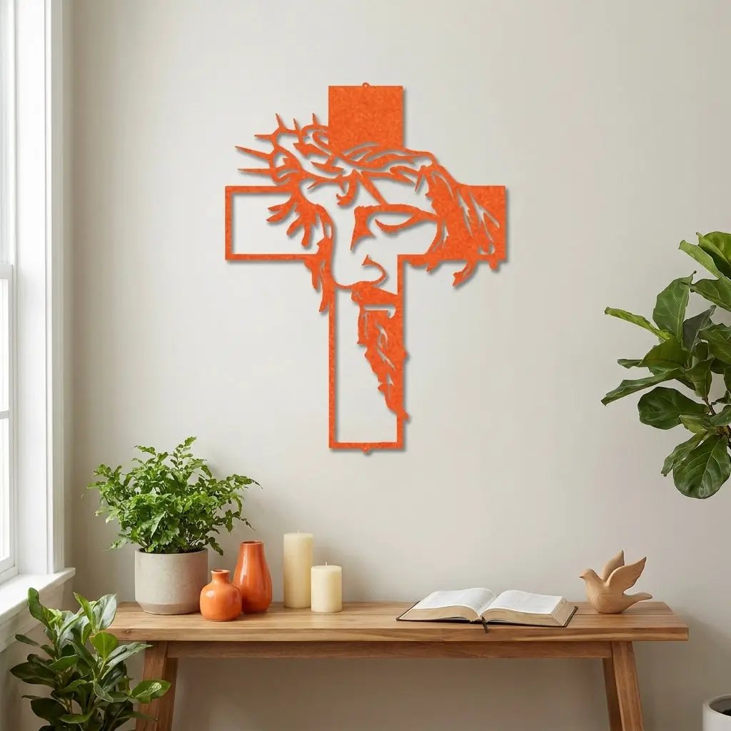 Jesus Crown of Thorns Steel Cross Sign Christian Metal Wall Decor Made in USA