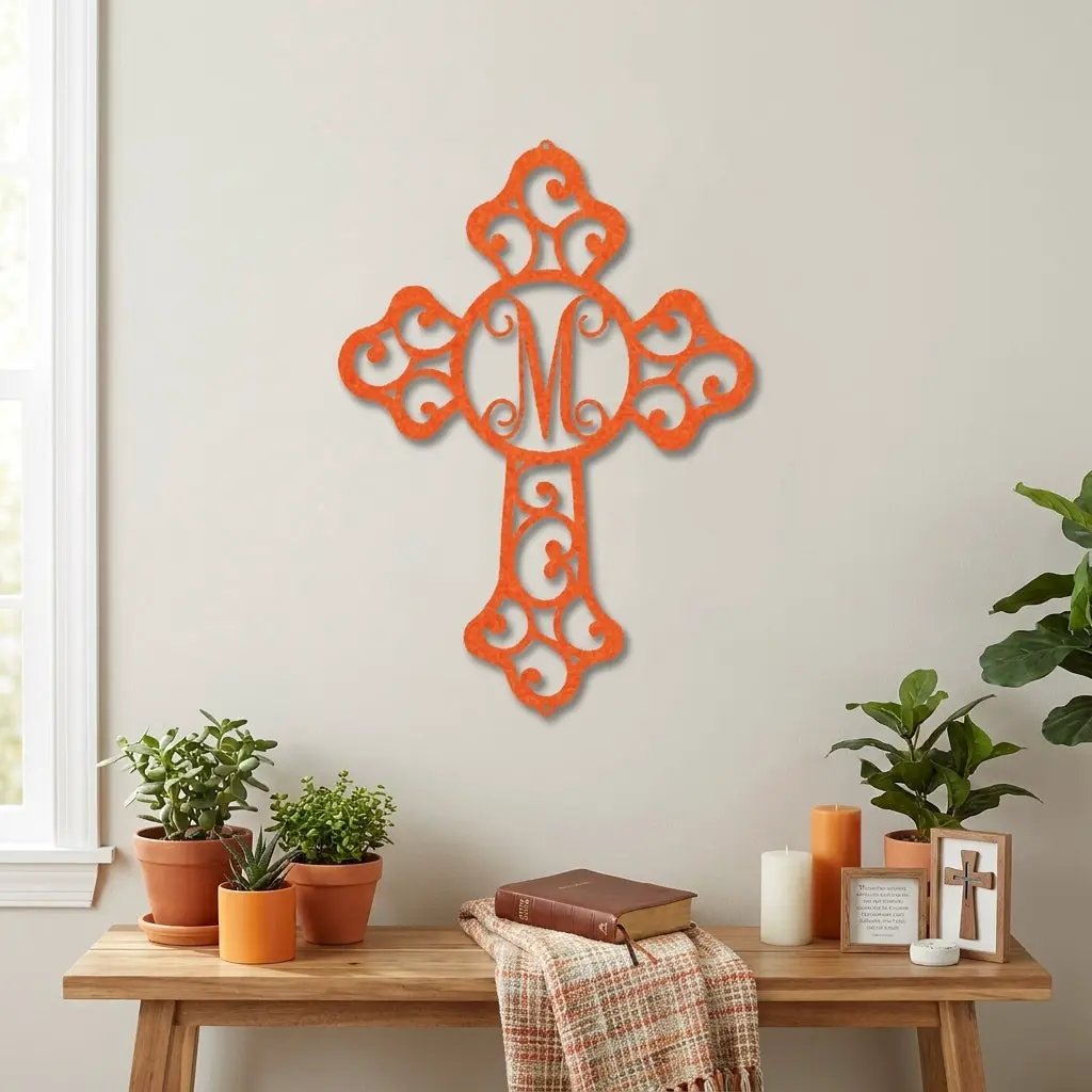 Personalized Initial Cross Metal Wall Art | Custom Monogram Christian Cross Decor | Ornate Faith Wall Hanging