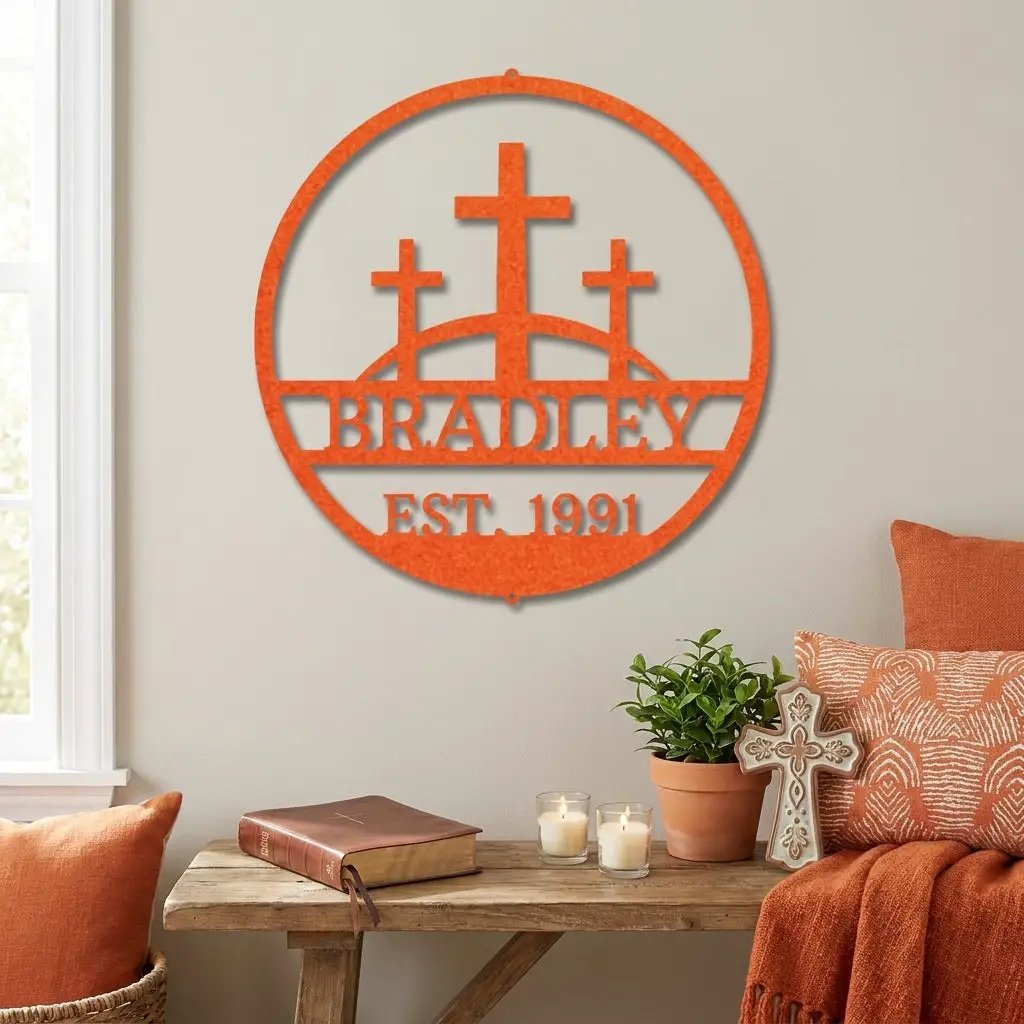 Personalized Three Crosses Metal Wall Art | Christian Family Name Sign | Faith Based Farmhouse Decor