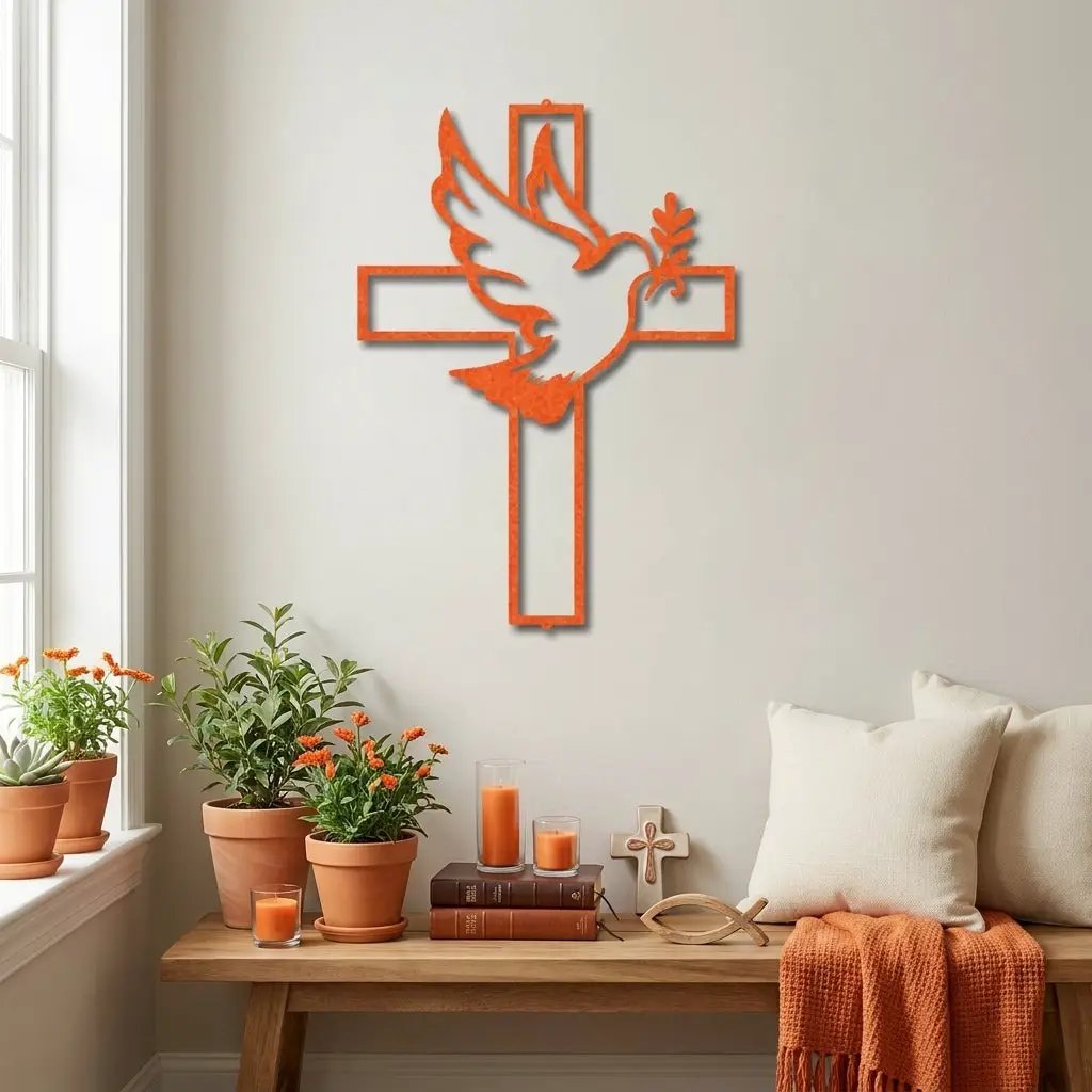 Dove Cross Metal Wall Art | Christian Holy Spirit Decor | Inspirational Religious Wall Hanging