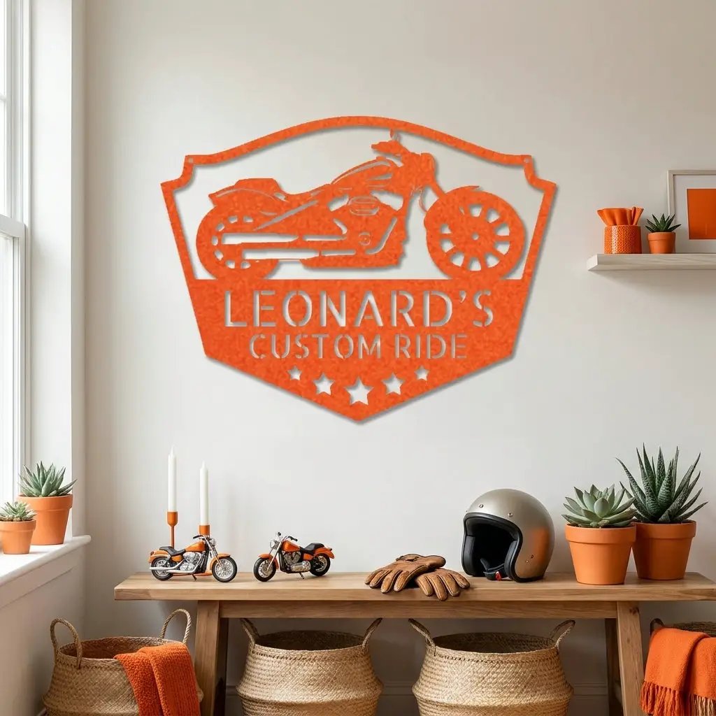 Chopper Motorcycle Shop Custom Name Monogram Indoor Outdoor Steel Wall Sign