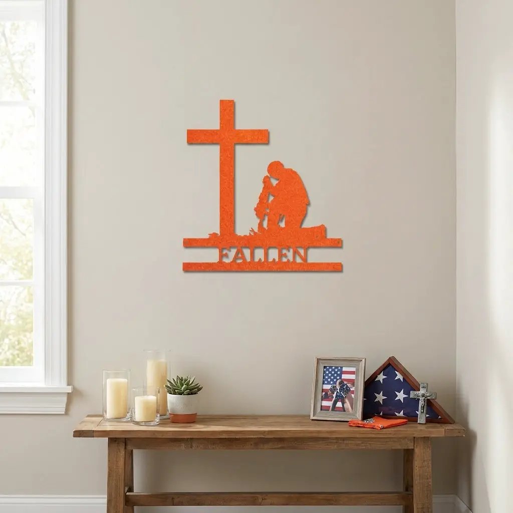 Personalized Fallen Soldier Memorial Metal Wall Art | Military Remembrance Cross Decor | Veteran Tribute Sign