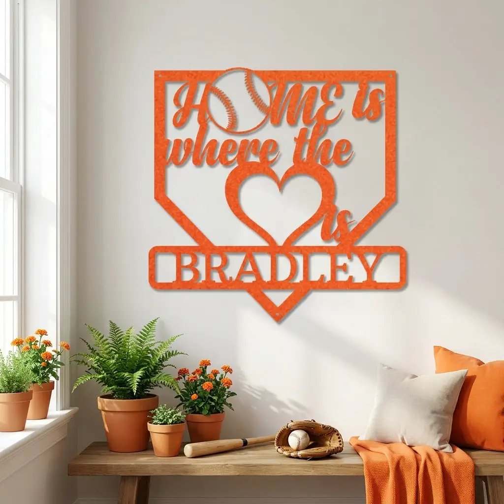 Personalized Baseball Home Plate Metal Wall Art | Custom Family Name Baseball Sign | Baseball Lover Home Decor