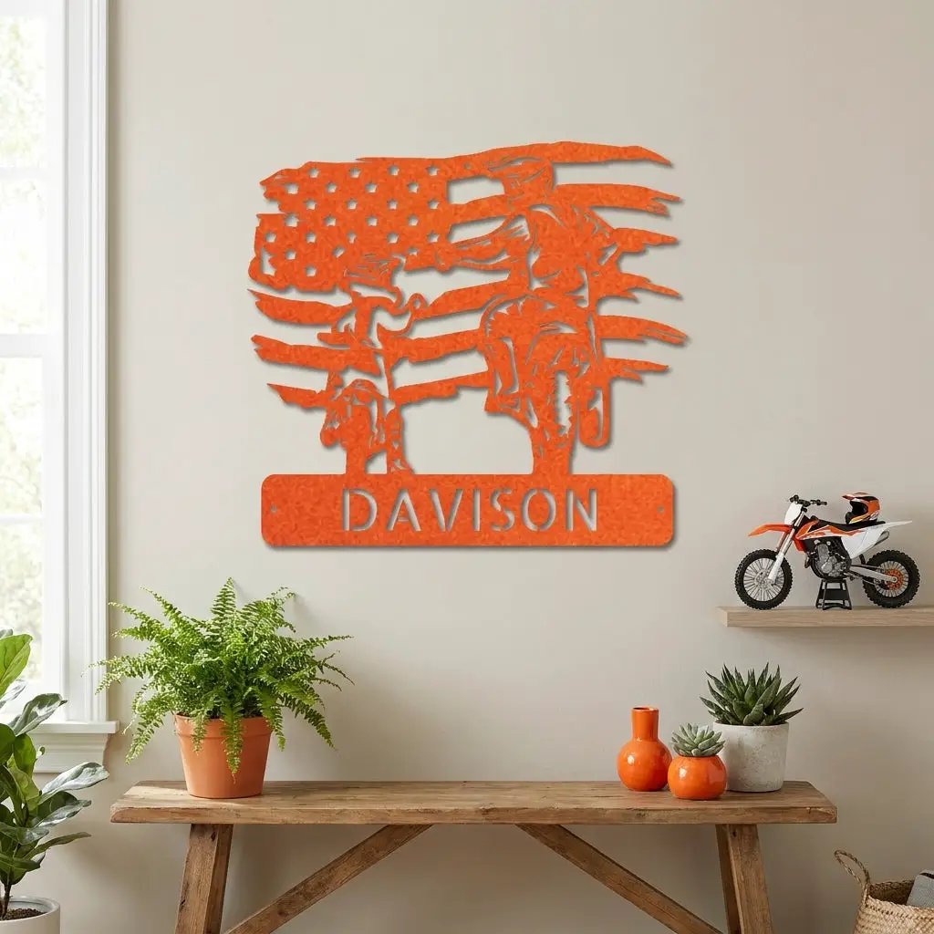 Personalized American Father & Son Motorcycle Metal Wall Art | Patriotic Biker Family Sign | Custom USA Motorcycle Decor