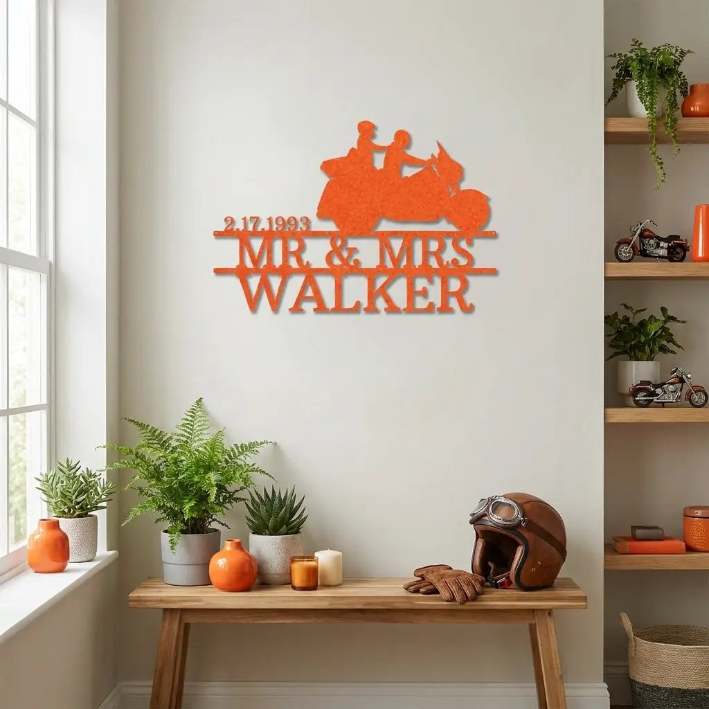 Personalized Motorcycle Couple Metal Sign Mr and Mrs Wedding Gift Custom Biker Wall Art Anniversary Gift Steel Decor