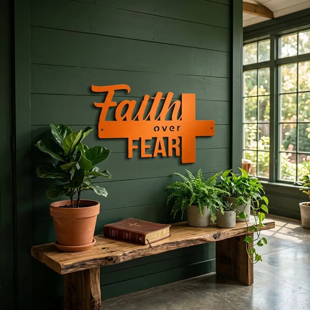 Faith Over Fear Christian Cross Metal Wall Art