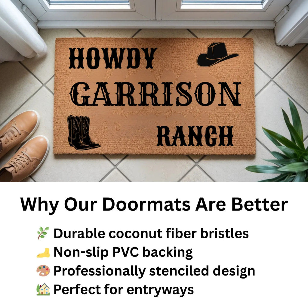 Personalized Ranch Doormat, Western Cowboy Welcome Mat, Custom Family Name Doormat, Rustic Farmhouse Entry Rug, Country Porch Decor