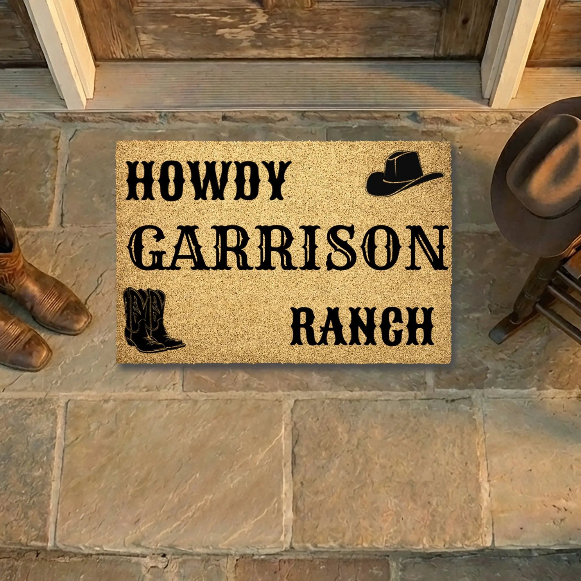 Personalized Ranch Doormat, Western Cowboy Welcome Mat, Custom Family Name Doormat, Rustic Farmhouse Entry Rug, Country Porch Decor
