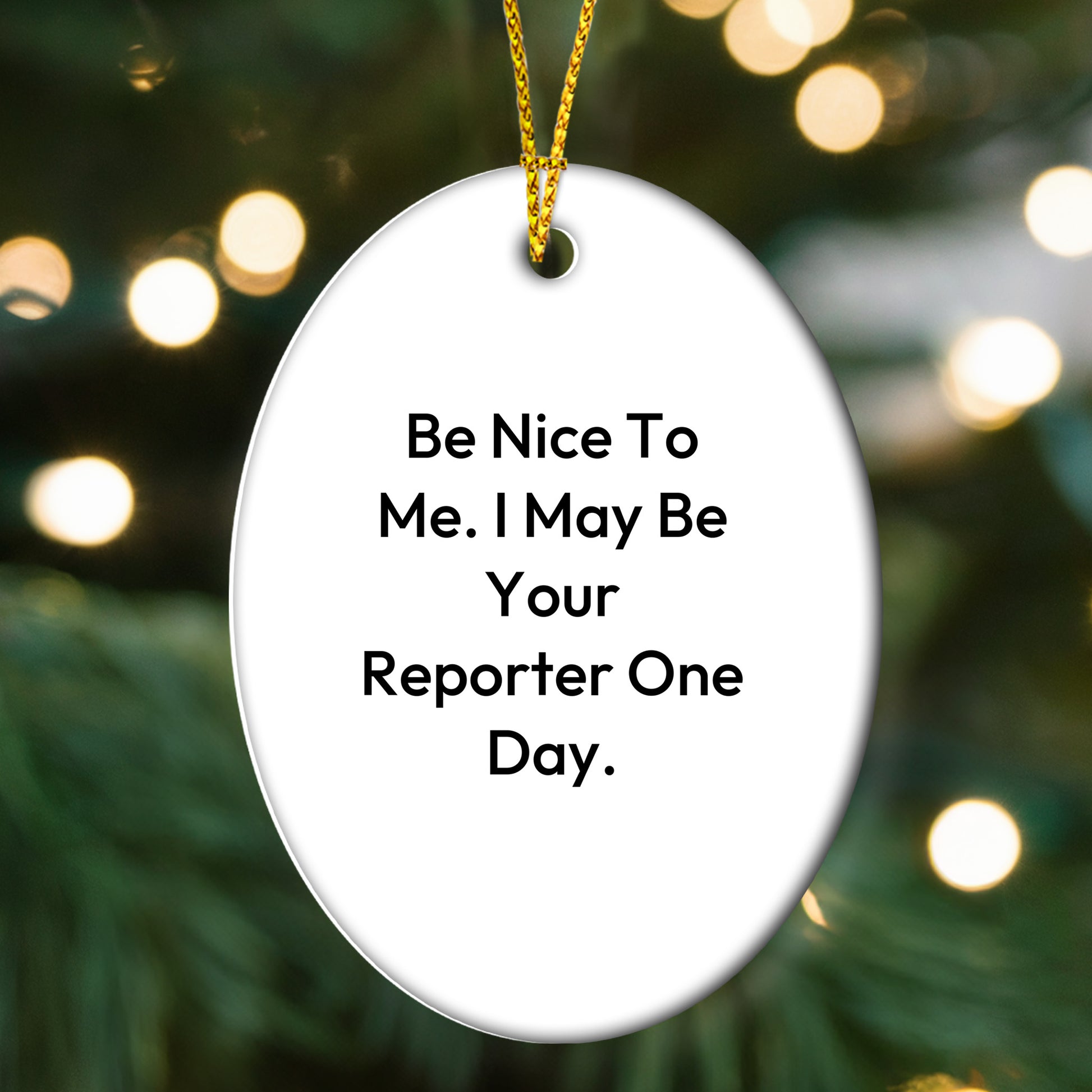 Funny Reporter Gifts from Men to Friends for Christmas - Be Nice To Me. I May Be Your Reporter One Day. Oval Ornament - Mallard Moon