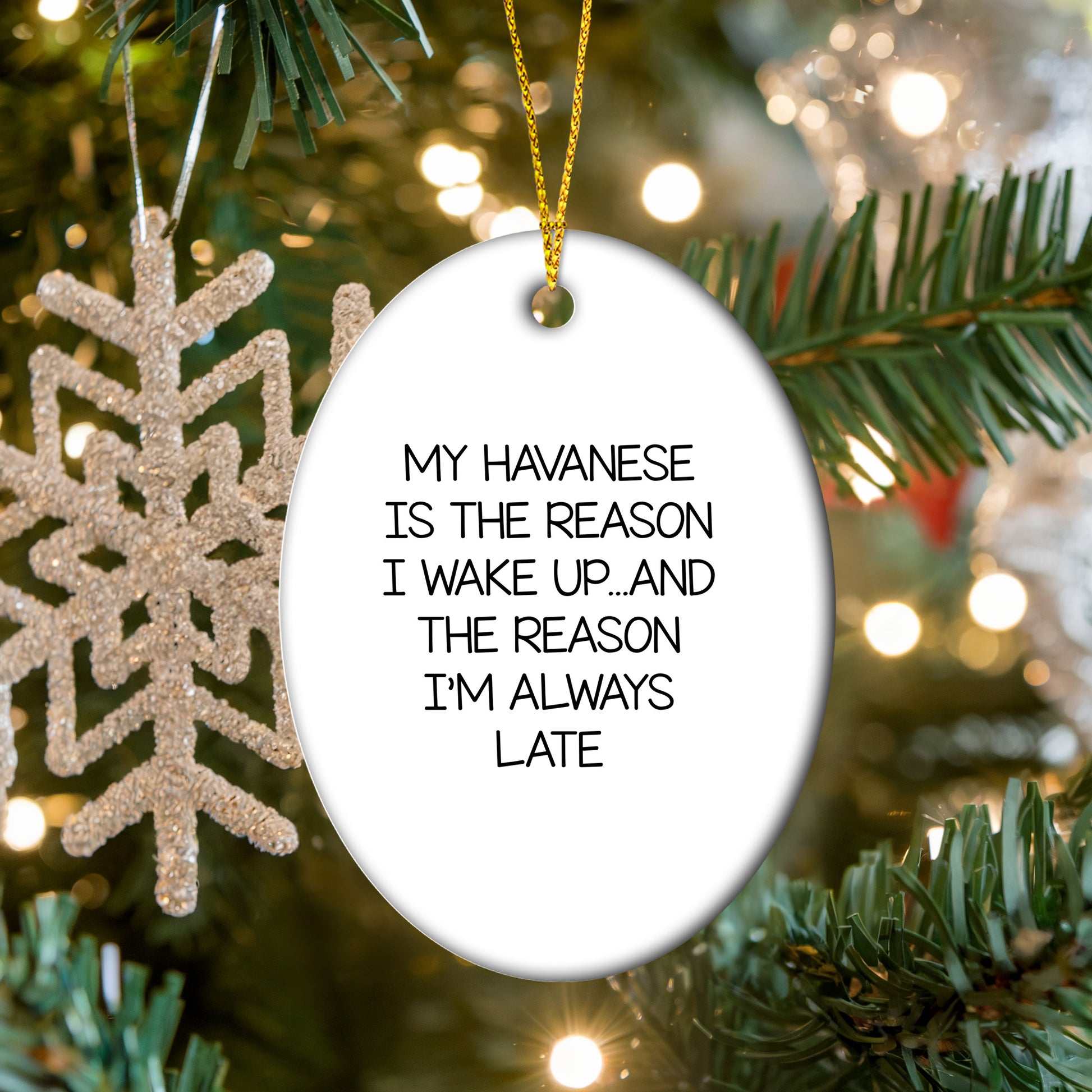 My Havanese Is The Reason I Wake Up... and The Reason I'm Always Late | Oval MDF Ornament with Gloss Finish & Gold Cord