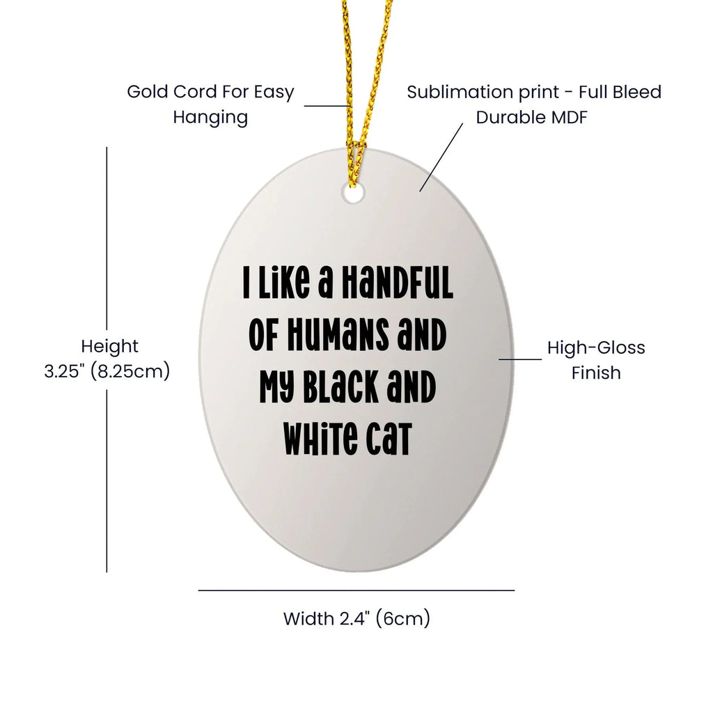 Funny Black and White Cat Oval Christmas Ornament with 'I Like A Handful Of Humans And My Black And White Cat' Quote