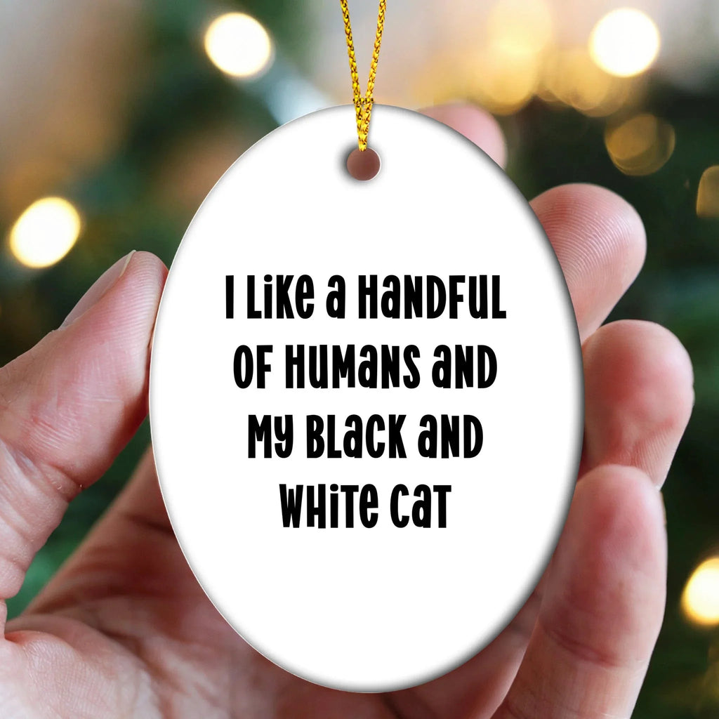 Funny Black and White Cat Oval Christmas Ornament with 'I Like A Handful Of Humans And My Black And White Cat' Quote