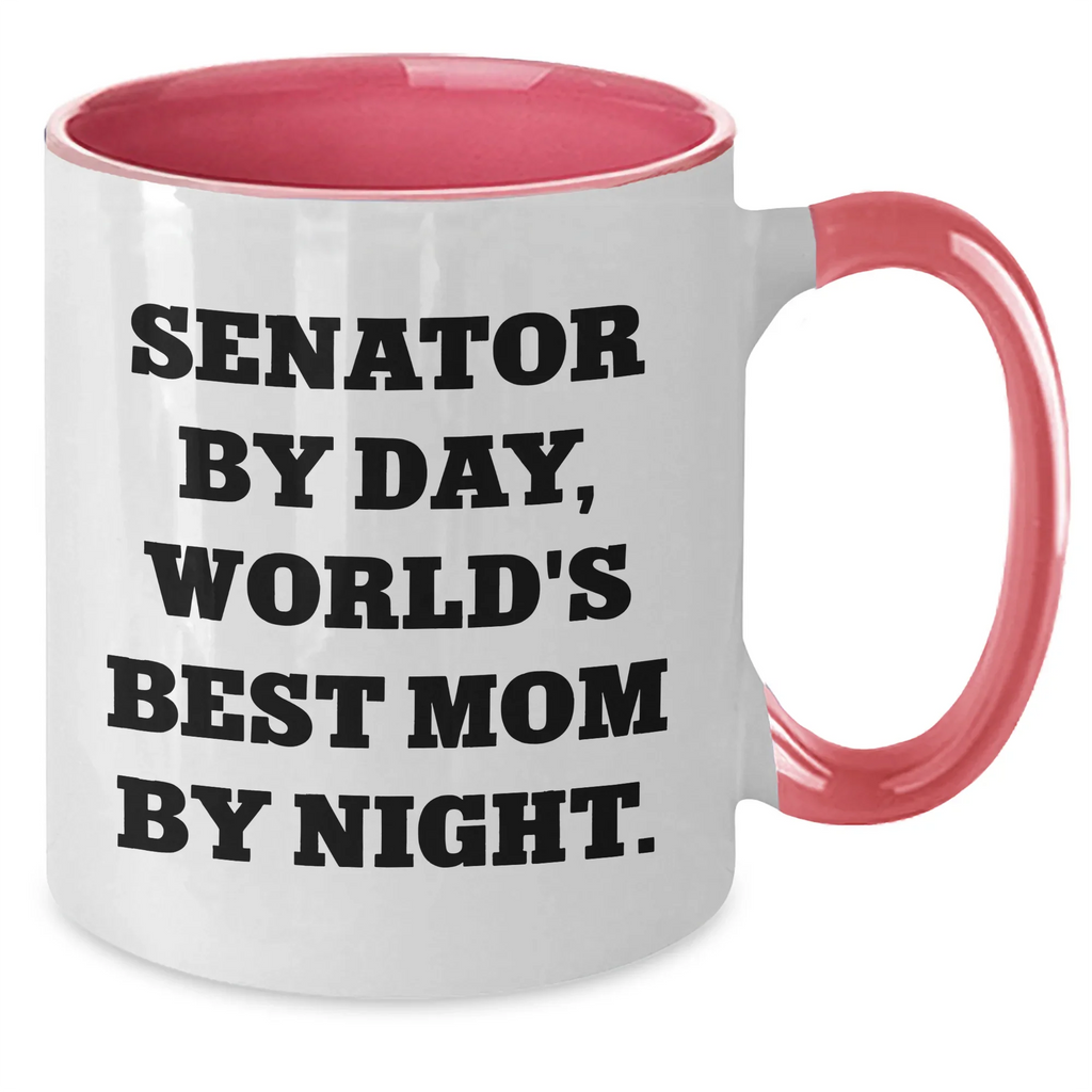 Funny Senator Gifts - Senator By Day, World's Best Mom By Night. Two Tone Coffee Mug for Dad's, Men, Family, Father's Day, and More