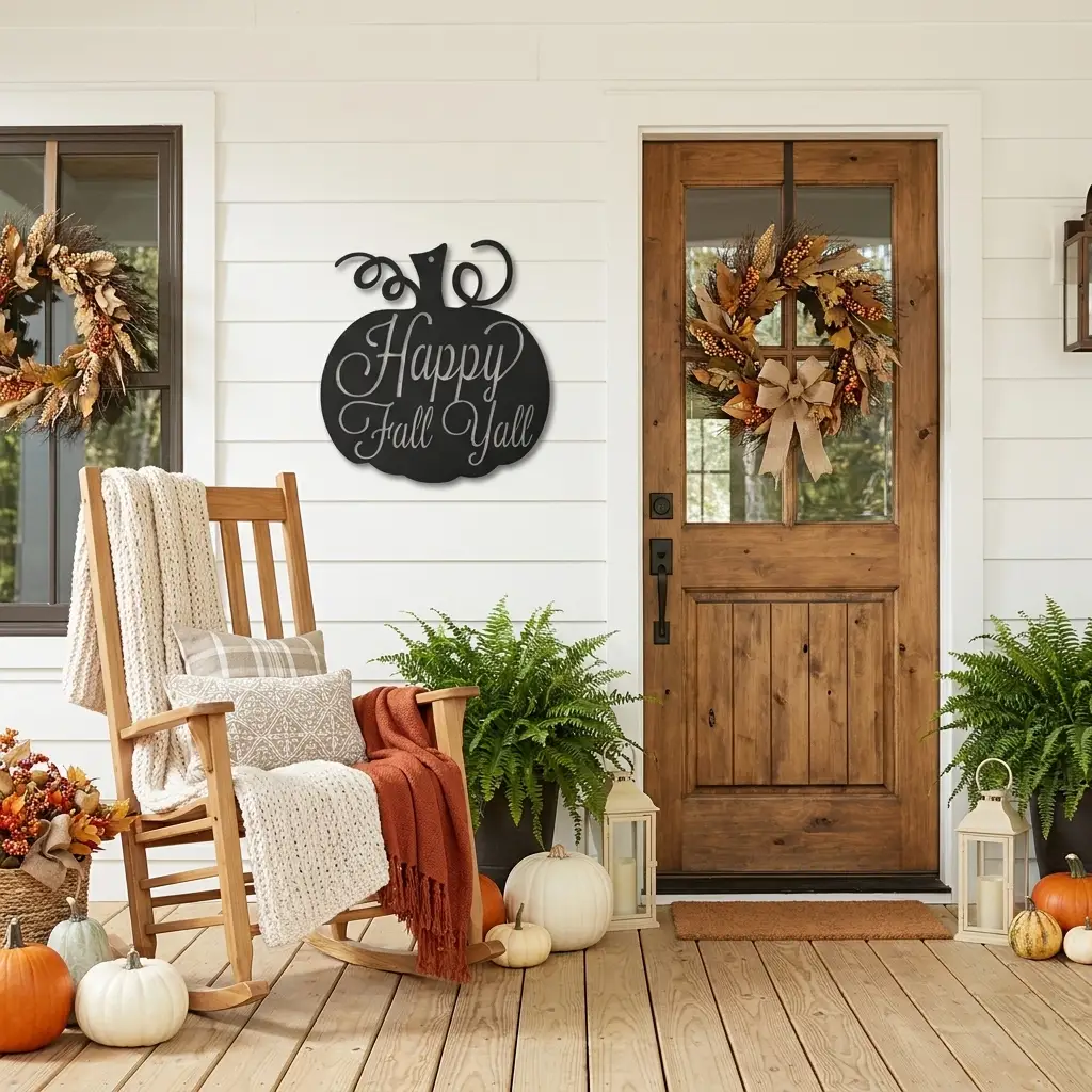Happy Fall Y'all Pumpkin Metal Wall Art | Autumn Pumpkin Wall Decor | Rustic Farmhouse Fall Sign | Thanksgiving Porch & Entryway Decor | Seasonal Metal Wall Hanging | Made in USA