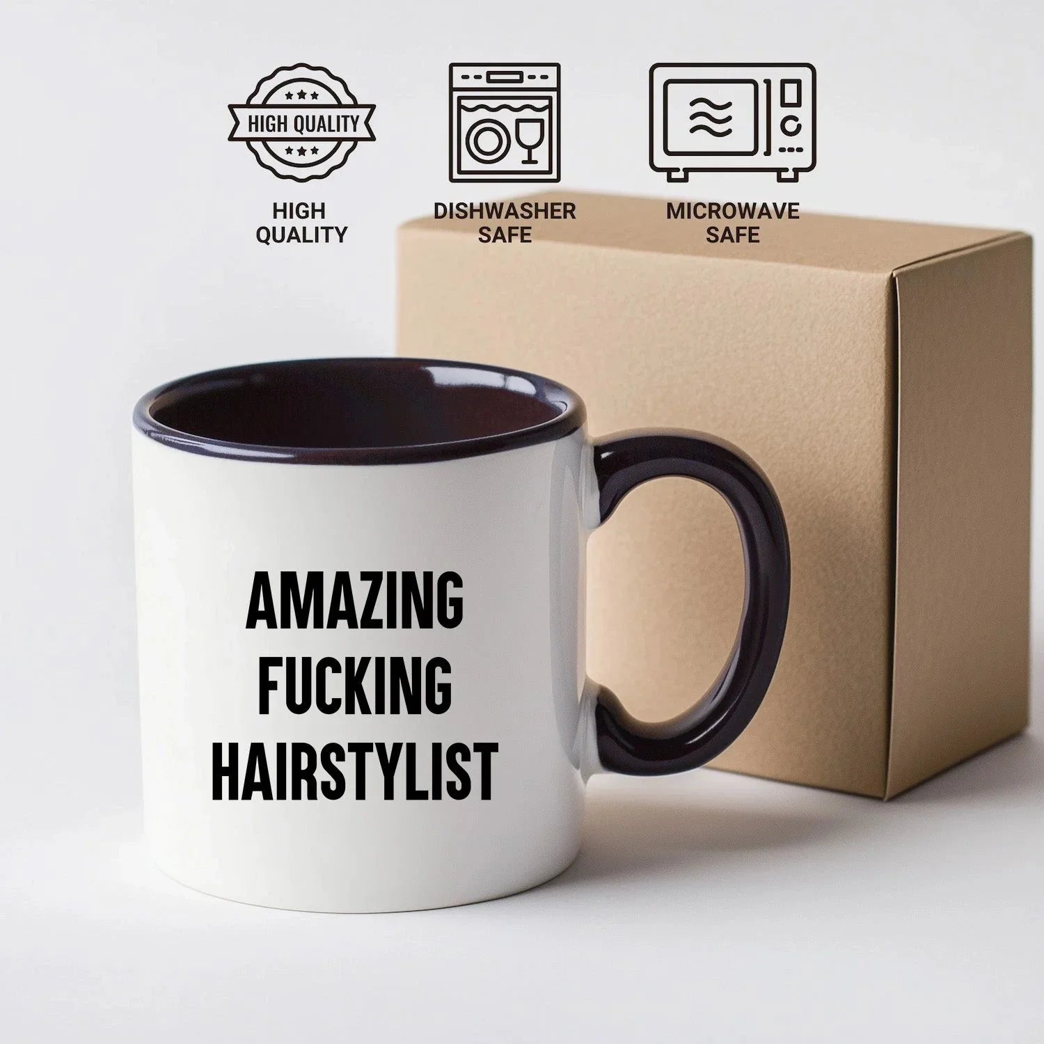 Funny Hairstylist Gifts from Friends for Graduation - Two Tone Coffee Mug, Amazing F--king Hairstylist Quote, 11oz Ceramic
