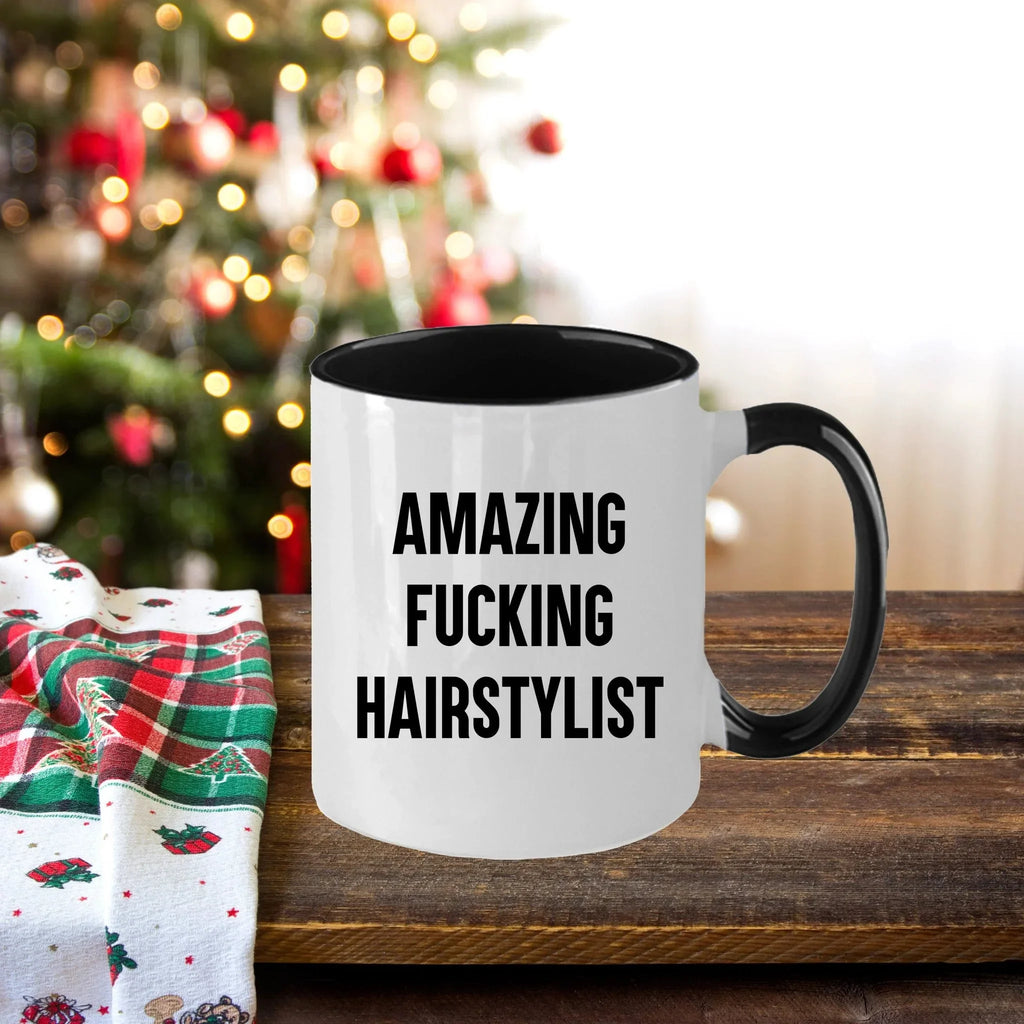 Funny Hairstylist Gifts from Friends for Graduation - Two Tone Coffee Mug, Amazing F--king Hairstylist Quote, 11oz Ceramic