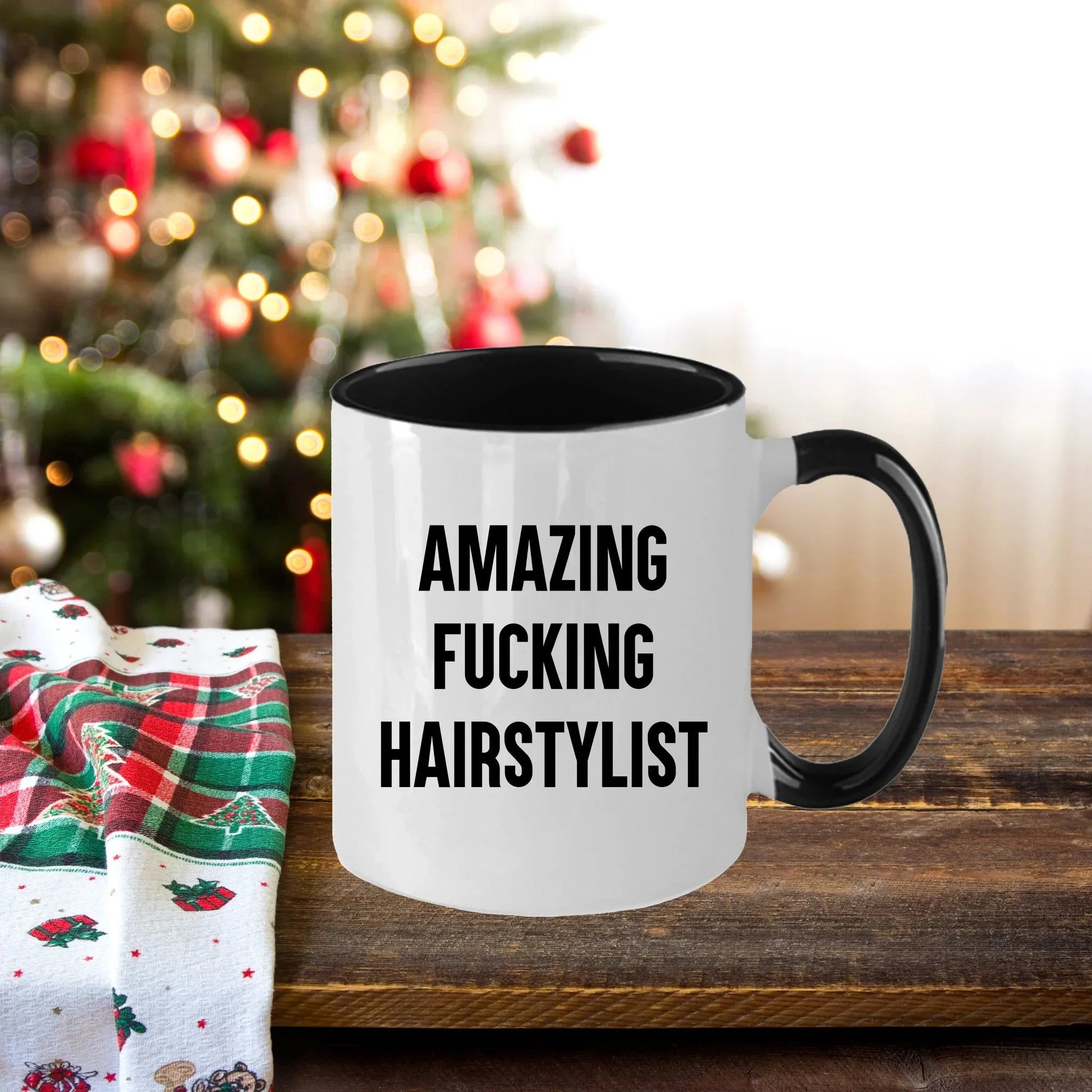 Funny Hairstylist Gifts from Friends for Graduation - Two Tone Coffee Mug, Amazing F--king Hairstylist Quote, 11oz Ceramic