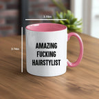 Funny Hairstylist Gifts from Friends for Graduation - Two Tone Coffee Mug, Amazing F--king Hairstylist Quote, 11oz Ceramic
