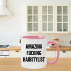 Funny Hairstylist Gifts from Friends for Graduation - Two Tone Coffee Mug, Amazing F--king Hairstylist Quote, 11oz Ceramic