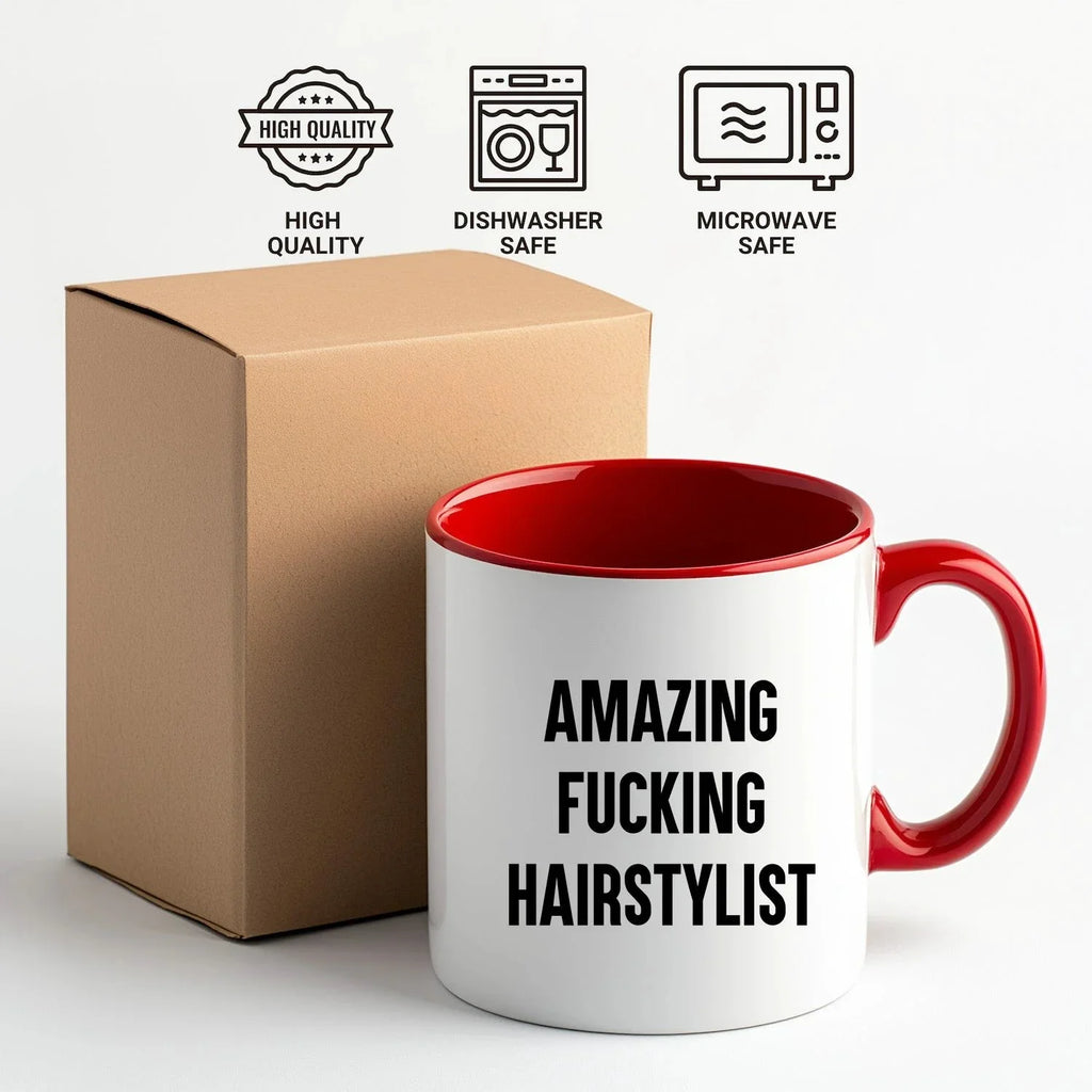 Funny Hairstylist Gifts from Friends for Graduation - Two Tone Coffee Mug, Amazing F--king Hairstylist Quote, 11oz Ceramic