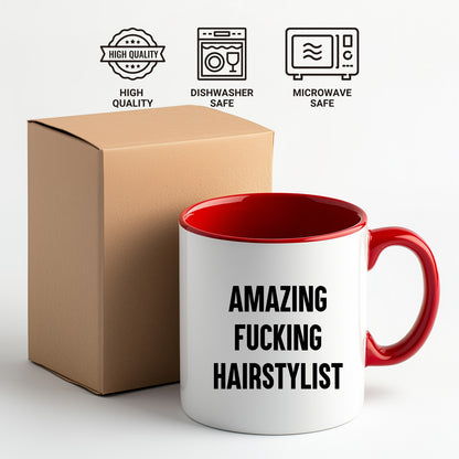 Funny Hairstylist Gifts from Friends for Graduation - Two Tone Coffee Mug, Amazing F--king Hairstylist Quote, 11oz Ceramic - Mallard Moon Gift Shop