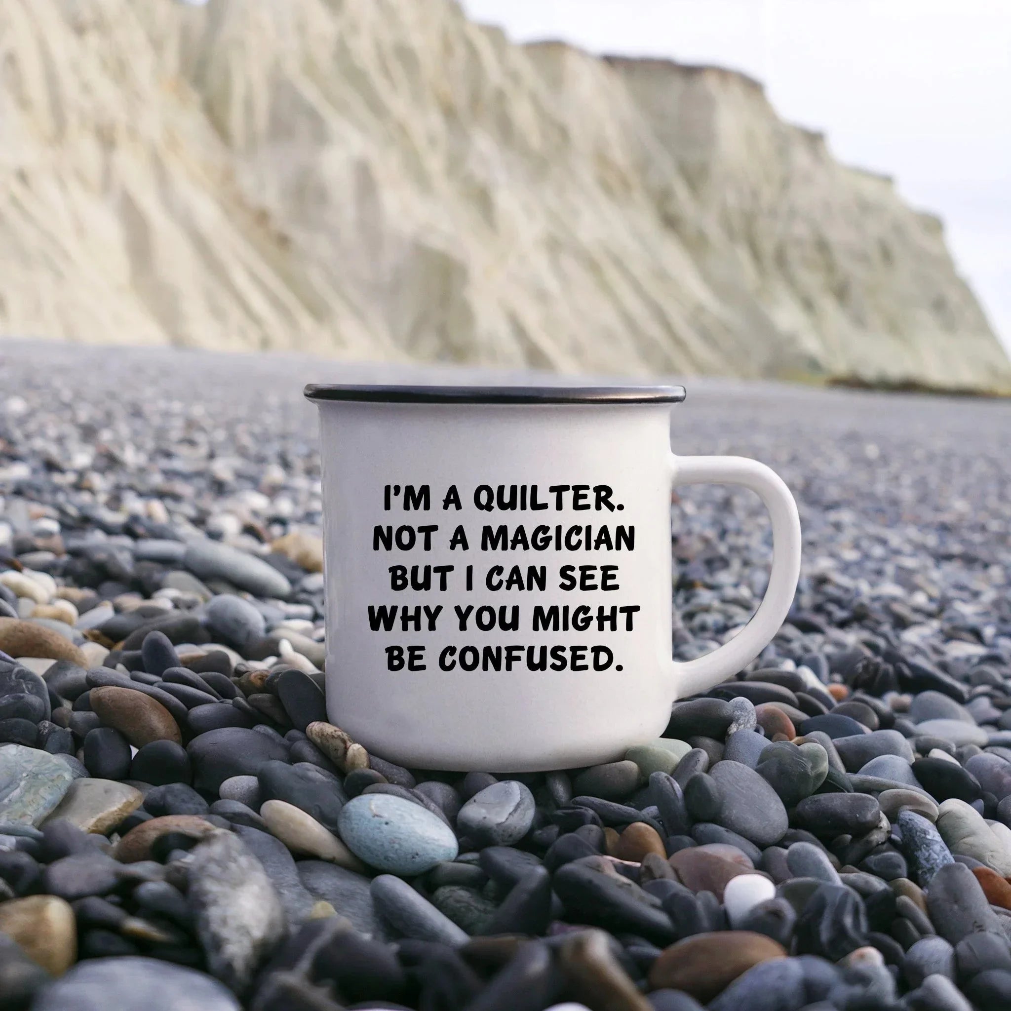 Funny Quilter Camper Mug – I’m a Quilter, Not a Magician – 12oz Enamel Coffee Cup Gift for Sewing Lovers
