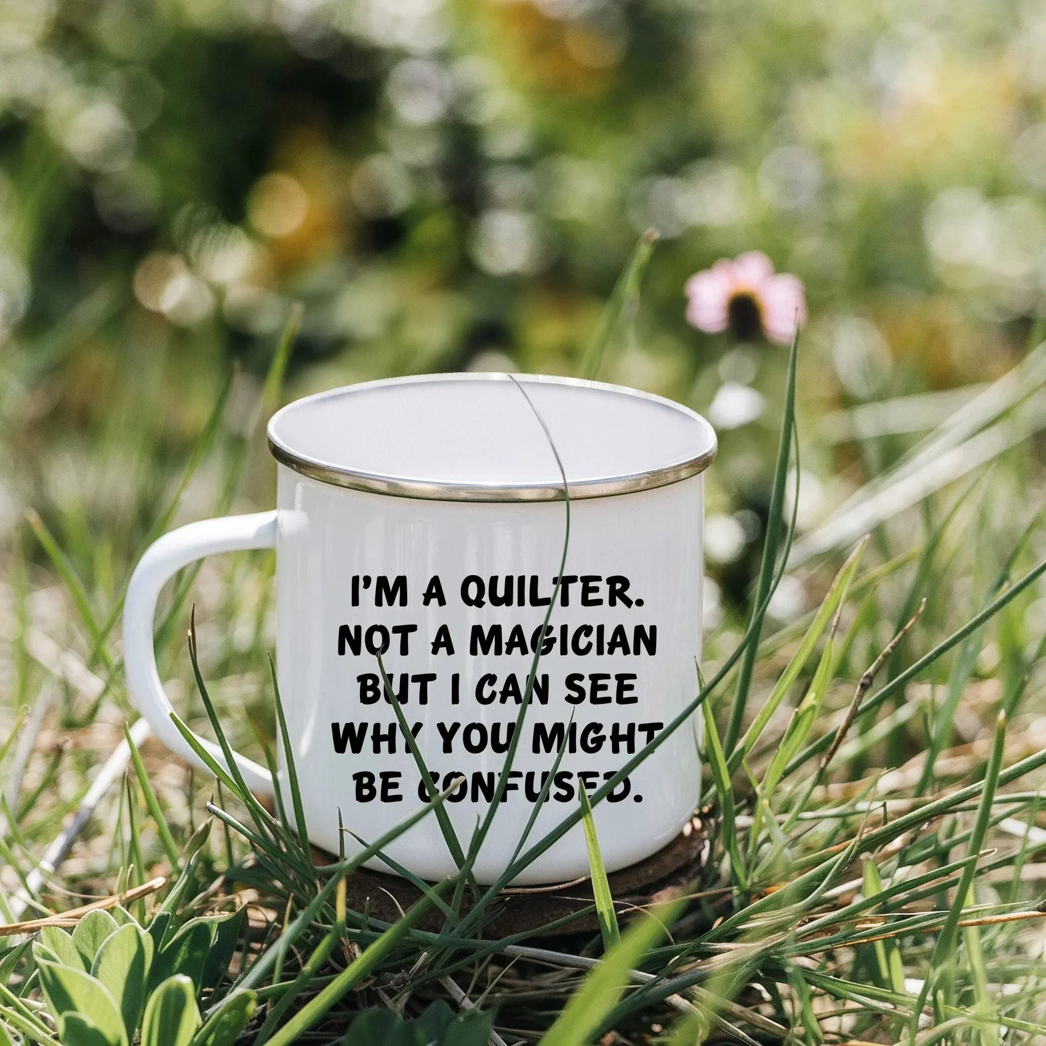 Funny Quilter Camper Mug – I’m a Quilter, Not a Magician – 12oz Enamel Coffee Cup Gift for Sewing Lovers