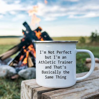 Athletic Trainer Enamel Camping Mug – Funny 12oz Coffee Cup – “I’m Not Perfect but I’m an Athletic Trainer” Gift for Sports Medicine Pros & Trainers - Mallard Moon Gift Shop