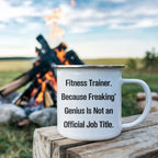 Fitness Trainer Gifts from Friends for Men Graduation Unique Funny Quote Camping Mug, 12 oz Stainless Steel with Enamel Finish