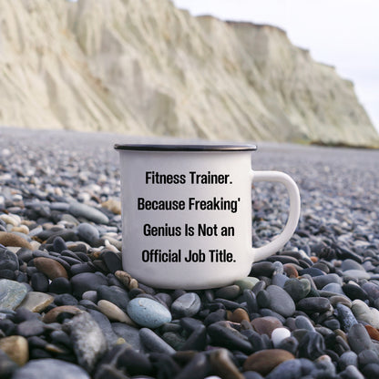 Fitness Trainer Gifts from Friends for Men Graduation Unique Funny Quote Camping Mug, 12 oz Stainless Steel with Enamel Finish - Mallard Moon Gift Shop