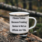 Fitness Trainer Gifts from Friends for Men Graduation Unique Funny Quote Camping Mug, 12 oz Stainless Steel with Enamel Finish
