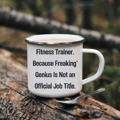Fitness Trainer Gifts from Friends for Men Graduation Unique Funny Quote Camping Mug, 12 oz Stainless Steel with Enamel Finish - Mallard Moon Gift Shop