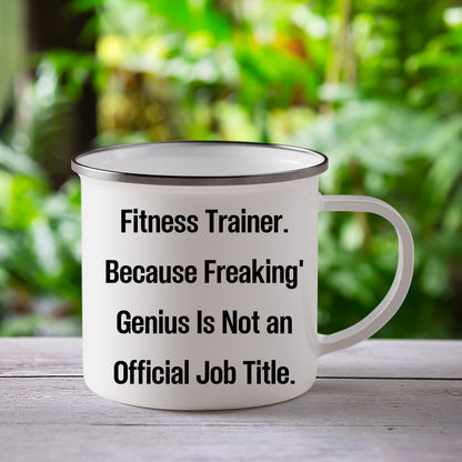 Fitness Trainer Gifts from Friends for Men Graduation Unique Funny Quote Camping Mug, 12 oz Stainless Steel with Enamel Finish - Mallard Moon Gift Shop
