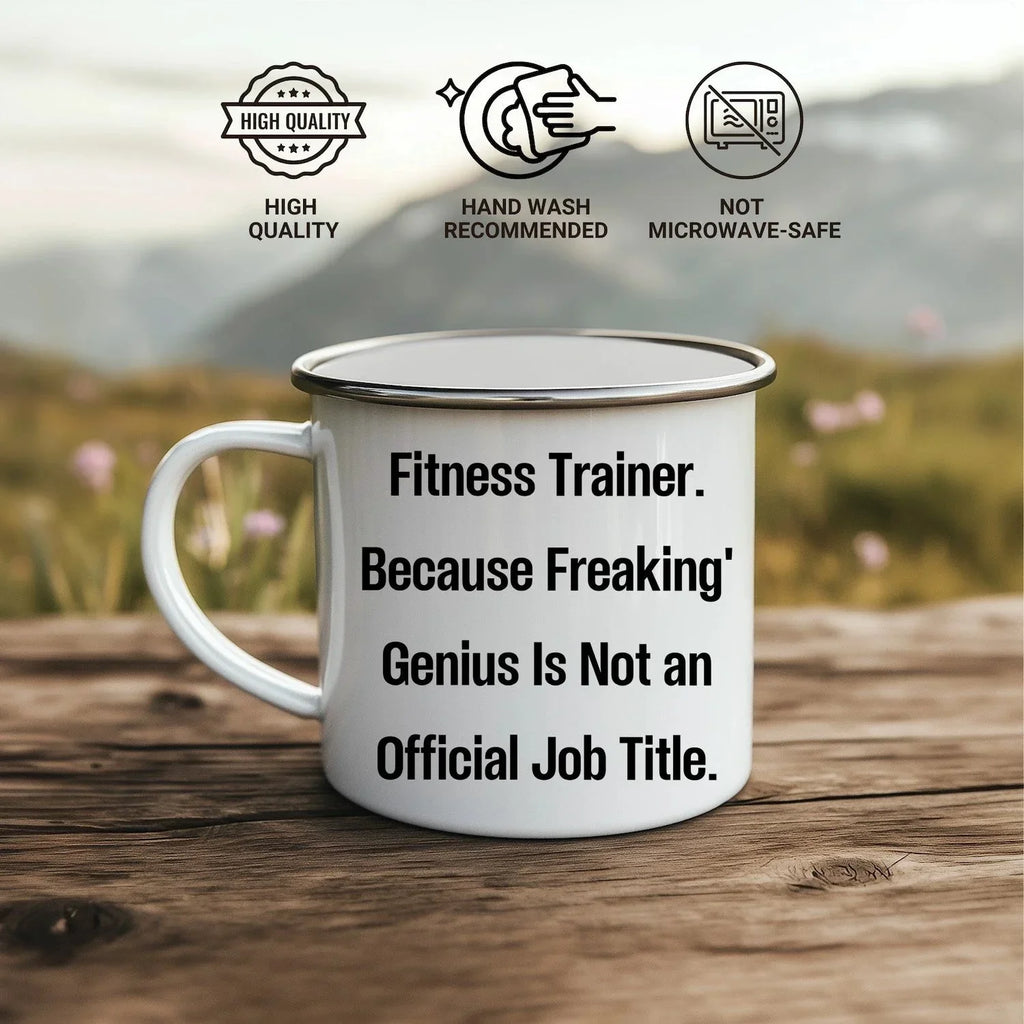 Fitness Trainer Gifts from Friends for Men Graduation Unique Funny Quote Camping Mug, 12 oz Stainless Steel with Enamel Finish