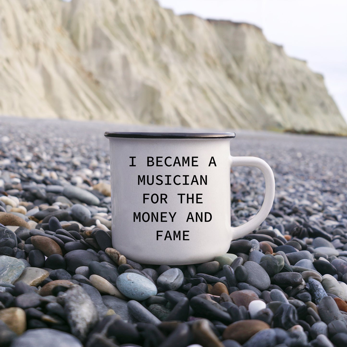 Funny Musician Enamel Camping Mug – 12oz Coffee Cup – “I Became a Musician for the Money and Fame” – Gift for Band Members, Songwriters & Rockstars - Mallard Moon Gift Shop