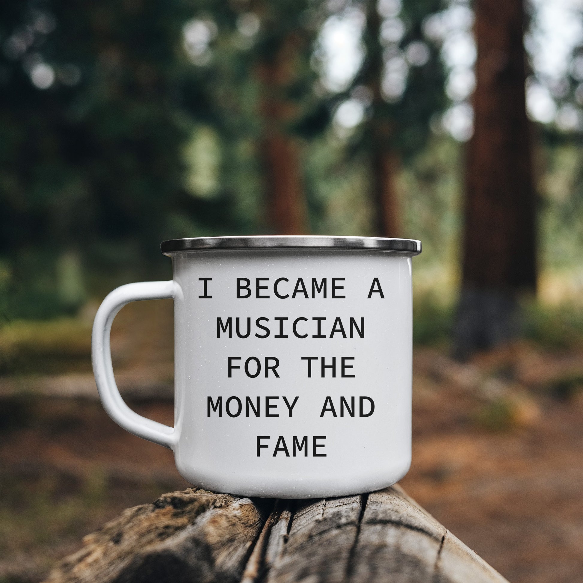Funny Musician Enamel Camping Mug – 12oz Coffee Cup – “I Became a Musician for the Money and Fame” – Gift for Band Members, Songwriters & Rockstars - Mallard Moon Gift Shop