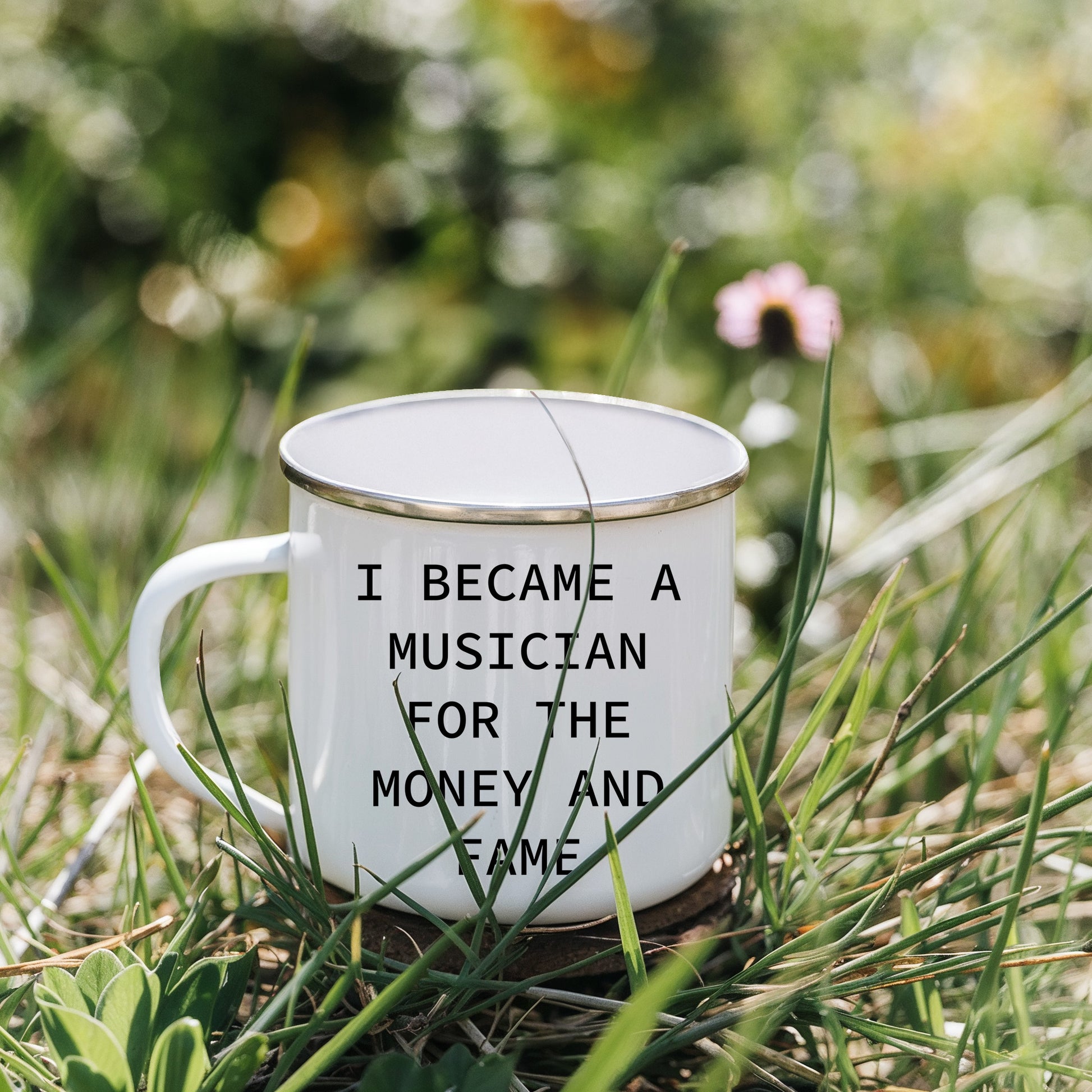 Funny Musician Enamel Camping Mug – 12oz Coffee Cup – “I Became a Musician for the Money and Fame” – Gift for Band Members, Songwriters & Rockstars - Mallard Moon Gift Shop