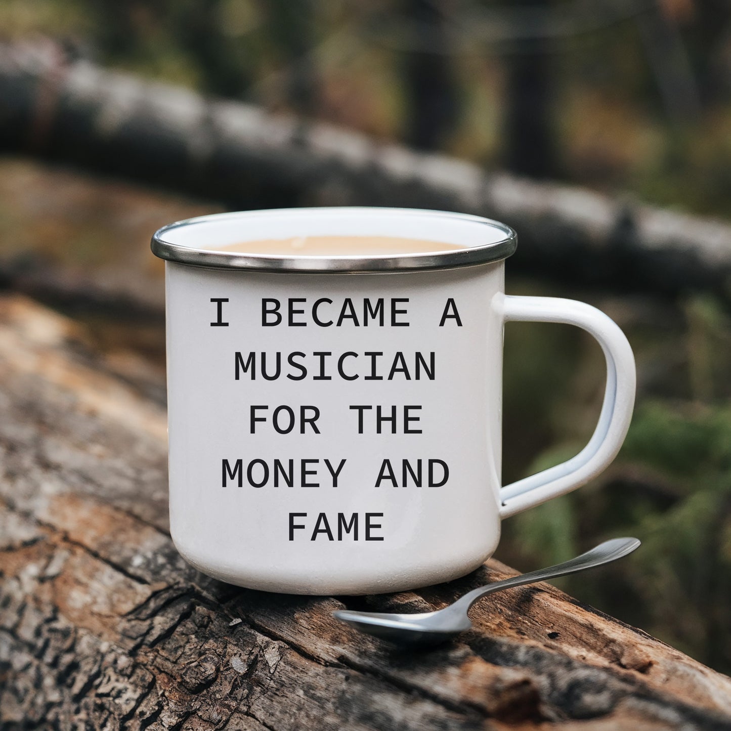 Funny Musician Enamel Camping Mug – 12oz Coffee Cup – “I Became a Musician for the Money and Fame” – Gift for Band Members, Songwriters & Rockstars - Mallard Moon Gift Shop