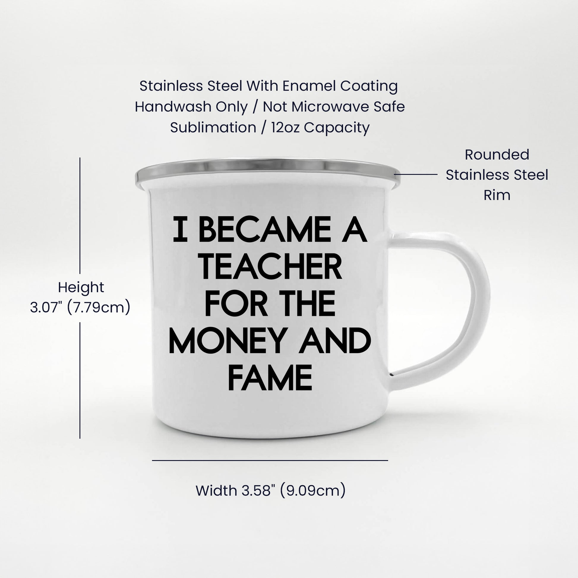 Funny Teacher Enamel Camping Mug – 12oz Stainless Steel Cup – “I Became a Teacher for the Money and Fame” – Gag Gift for Educators, Professors, School Staff - Mallard Moon Gift Shop