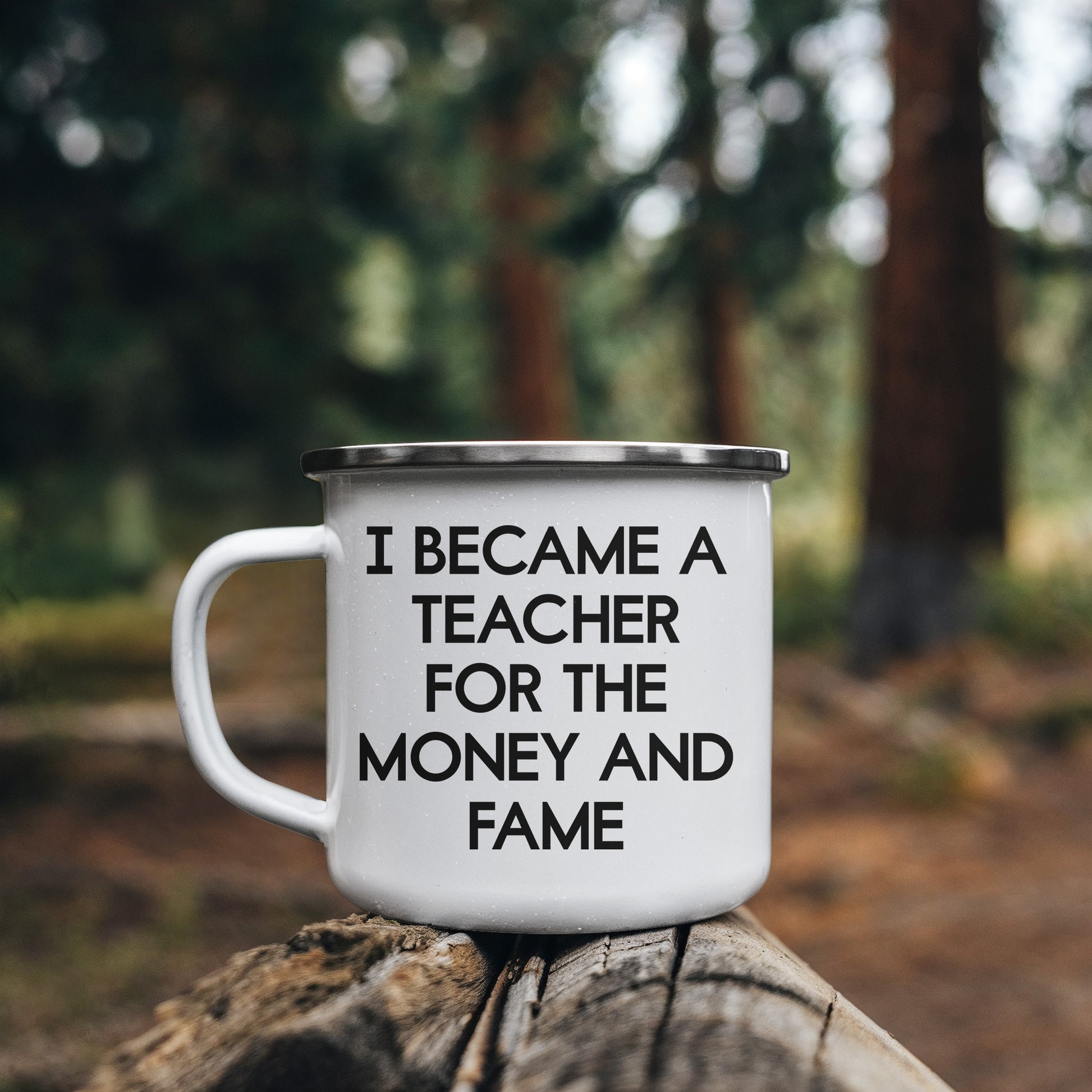 Funny Teacher Enamel Camping Mug – 12oz Stainless Steel Cup – “I Became a Teacher for the Money and Fame” – Gag Gift for Educators, Professors, School Staff - Mallard Moon Gift Shop