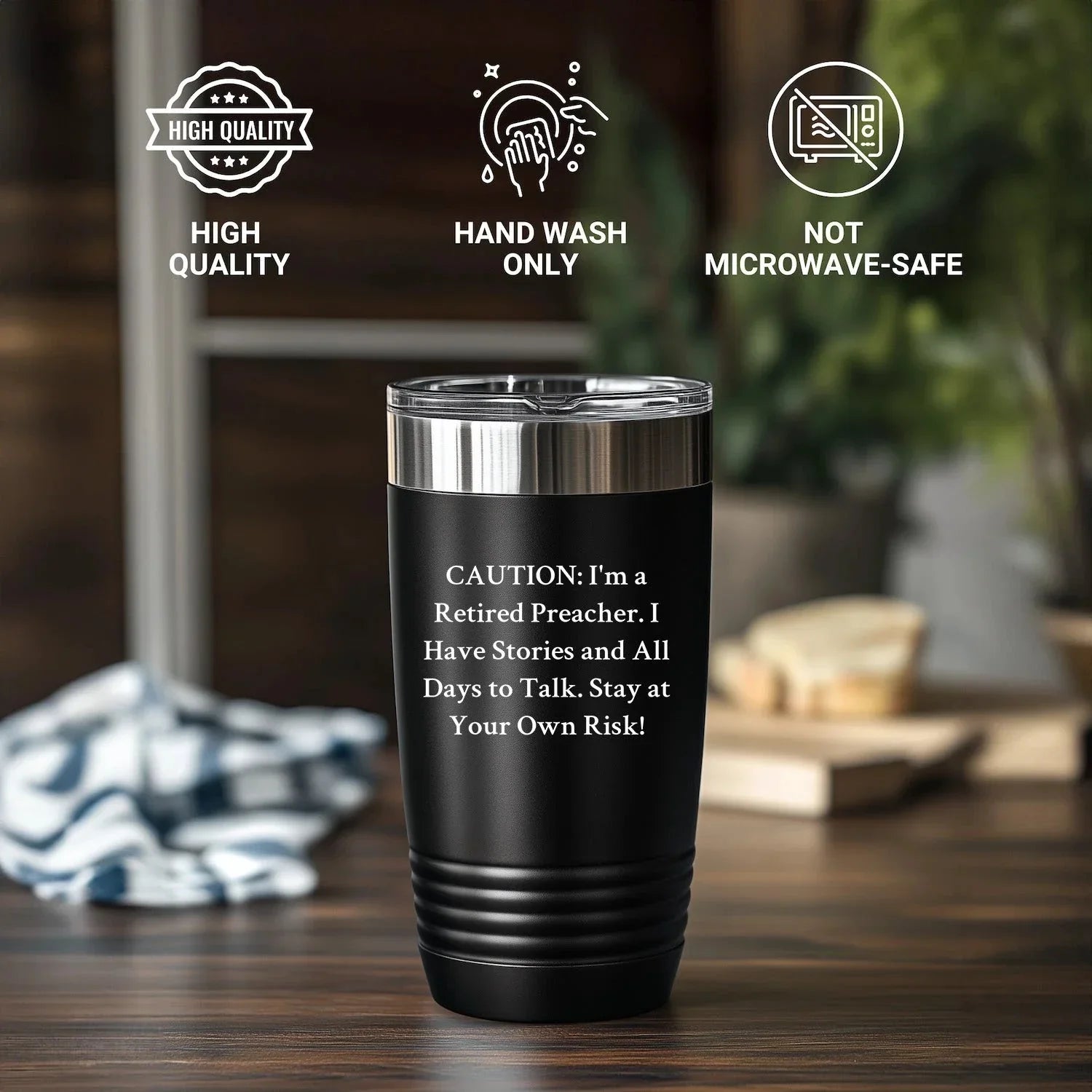 Funny Preacher Gifts from Men, Unique Mother's Day Presents for Her, 'Caution: I'm A Retired Preacher' Tumbler, 20oz or 30oz Capacity, Stainless Steel/Powder Coating