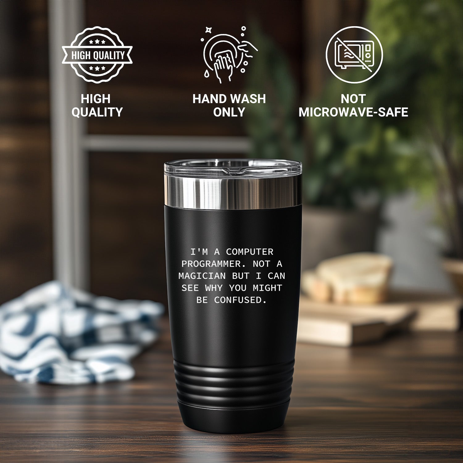 Funny Computer Programmer Gifts 'I'm A Computer Programmer. Not A Magician',Laser Etched Black Polar Tumbler – 20oz or 30oz Stainless Steel, Vacuum Insulated Travel Mug - Mallard Moon Gift Shop