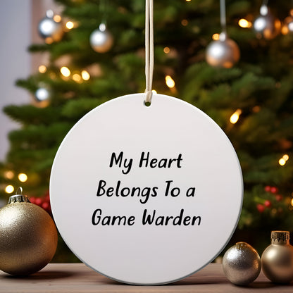 Funny Game Warden Gifts for Friends or Family - 'My Heart Belongs To A Game Warden' Circle Ornament with Christmas Unique Gift from, Gifts for Game Wardens, Men, and Women